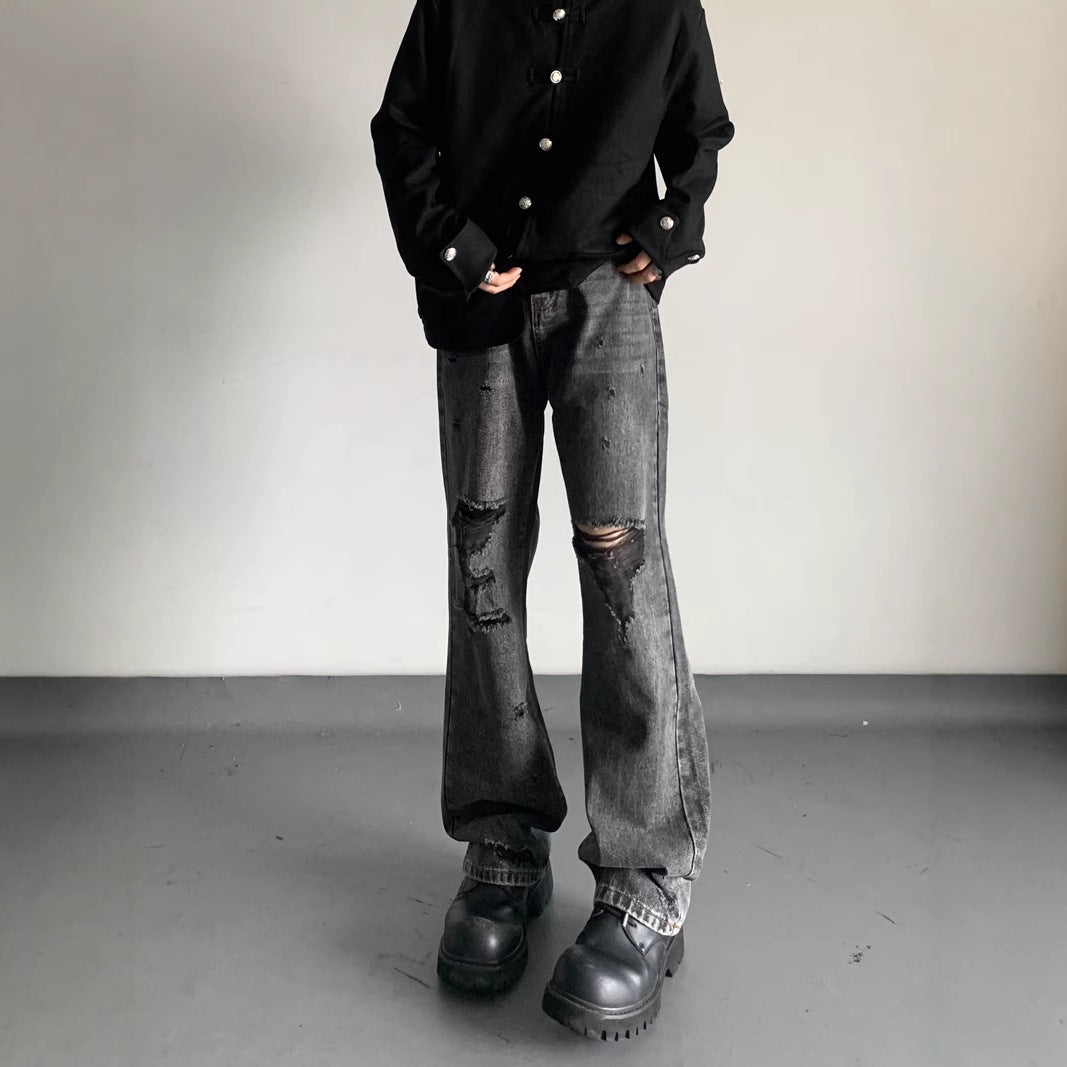 Water-Washed Black and Gray Unisex Distressed Denim Pants