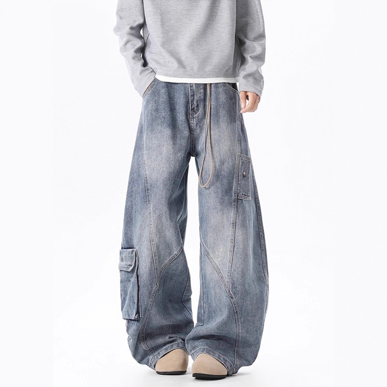 Deconstructed Oversized Pocket Cargo Jeans Streetwear Distressed Knife-Shape Casual Wide-Leg Pants