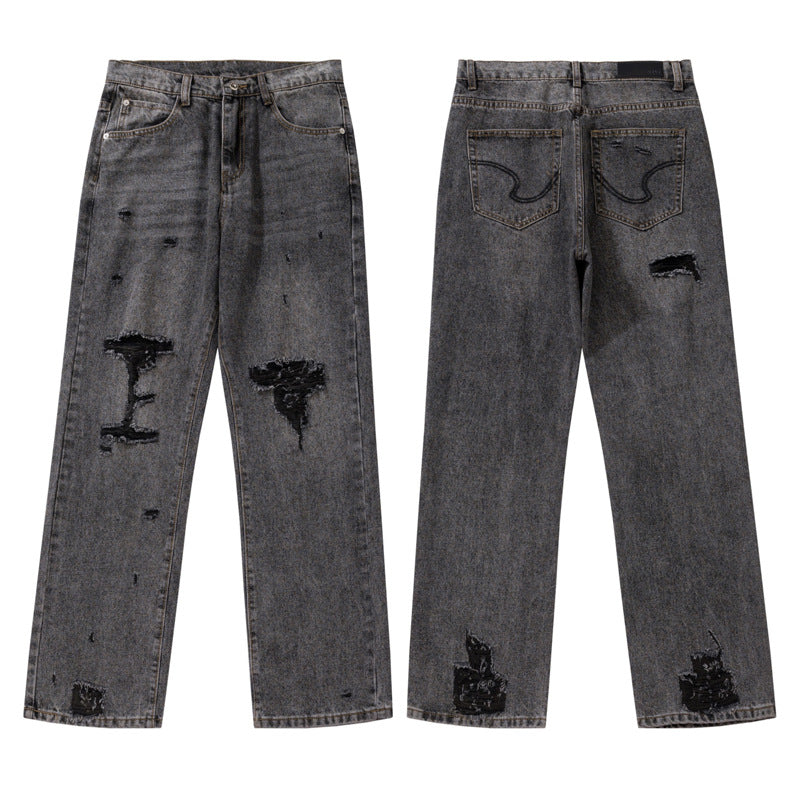 Water-Washed Black and Gray Unisex Distressed Denim Pants