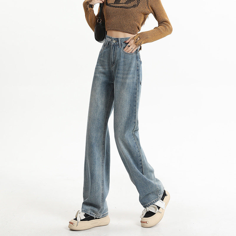 Women's High-Waist Washed Vintage Cement Grey Straight Pants