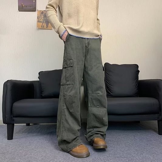 Loose Straight Leg Wide Leg Denim Pants - Multi Pocket Casual Style