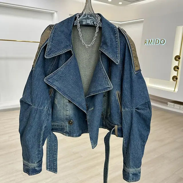 Women’s Vintage Y2K Patchwork Denim Jacket with Leather