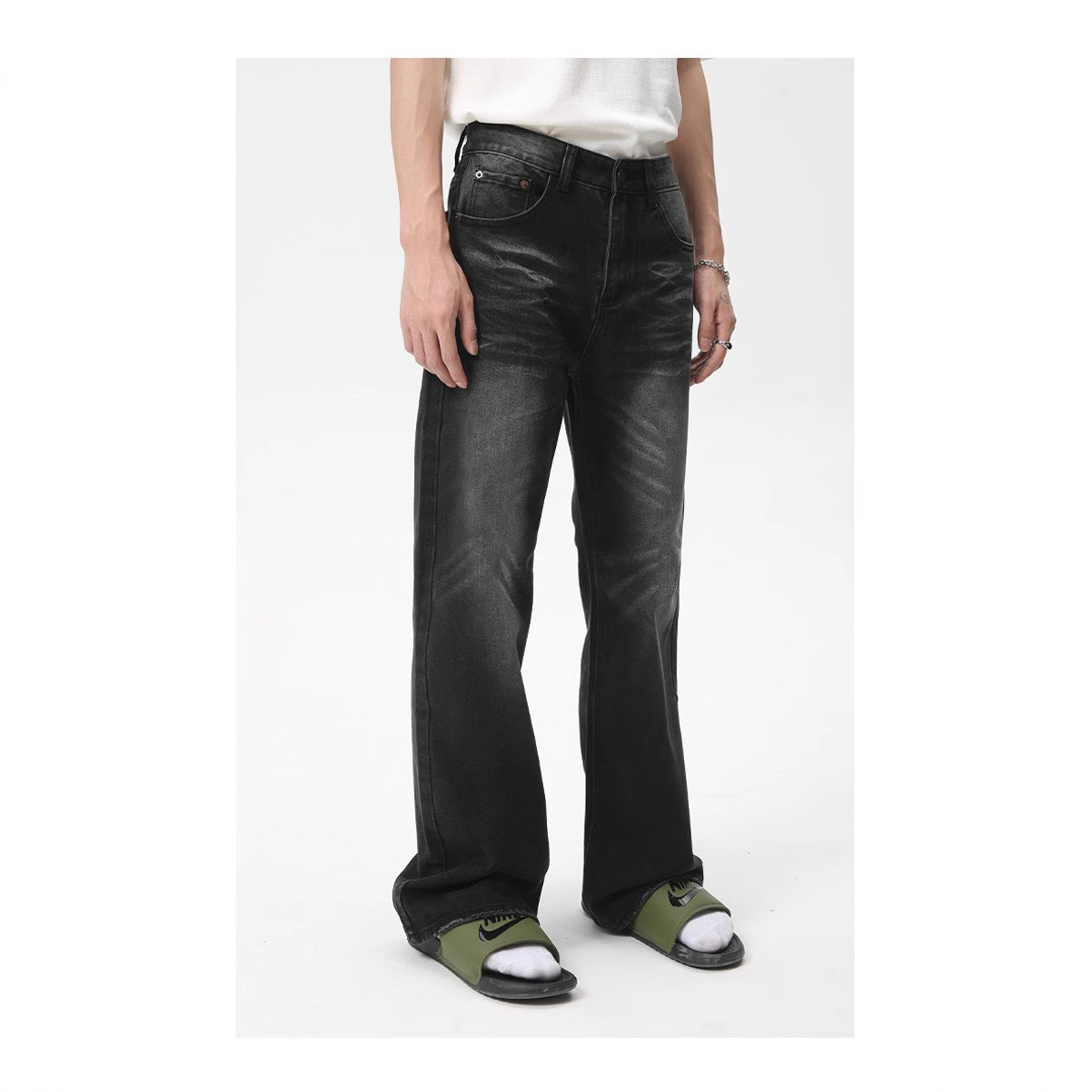 Retro Washed Black Slight Flare Denim Pants for Men - High Street Slim Fit