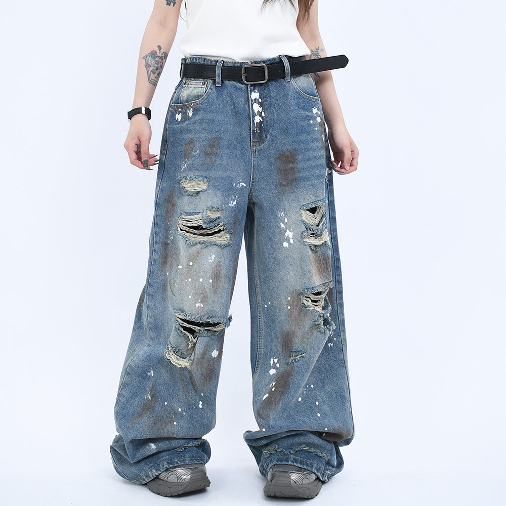 Vintage Washed Denim Pants with Wide Leg and Perforated Design