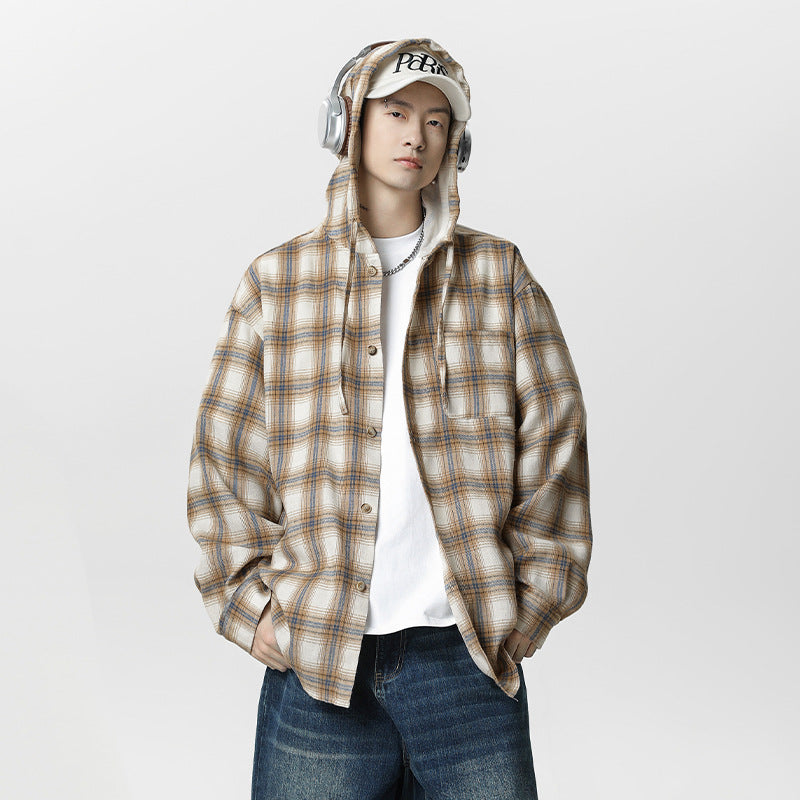 Color Blocked Plaid Hooded Long Sleeved Shirt for Men