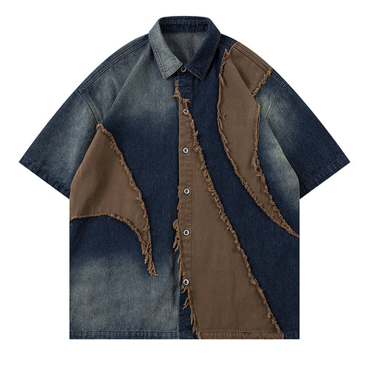 Original Colorblock Frayed Denim Short Sleeve Shirt for Men