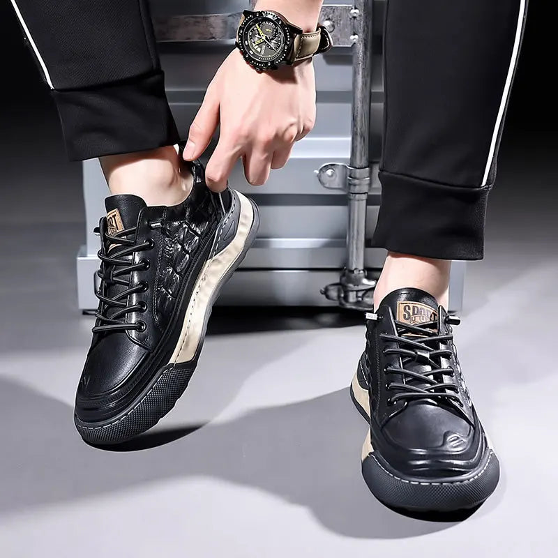 Men's Lace-Up Real Leather Sports Sneakers - Genuine Leather Casual Shoes