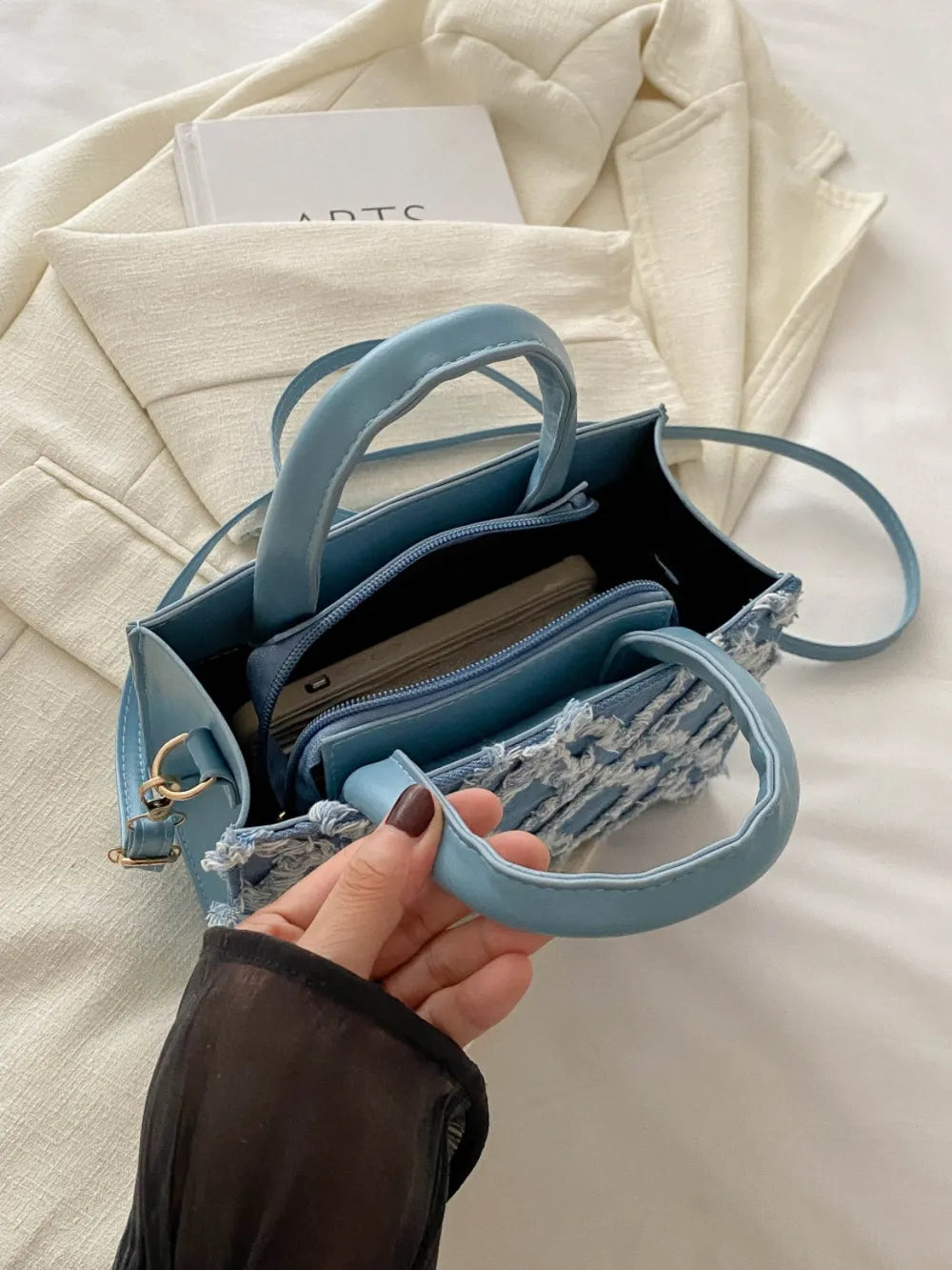 Quality Raw Hem Denim and PU Leather Handbag