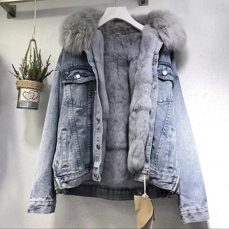Winter New Style Plus Velvet Cotton Coat with Denim Fur Collar