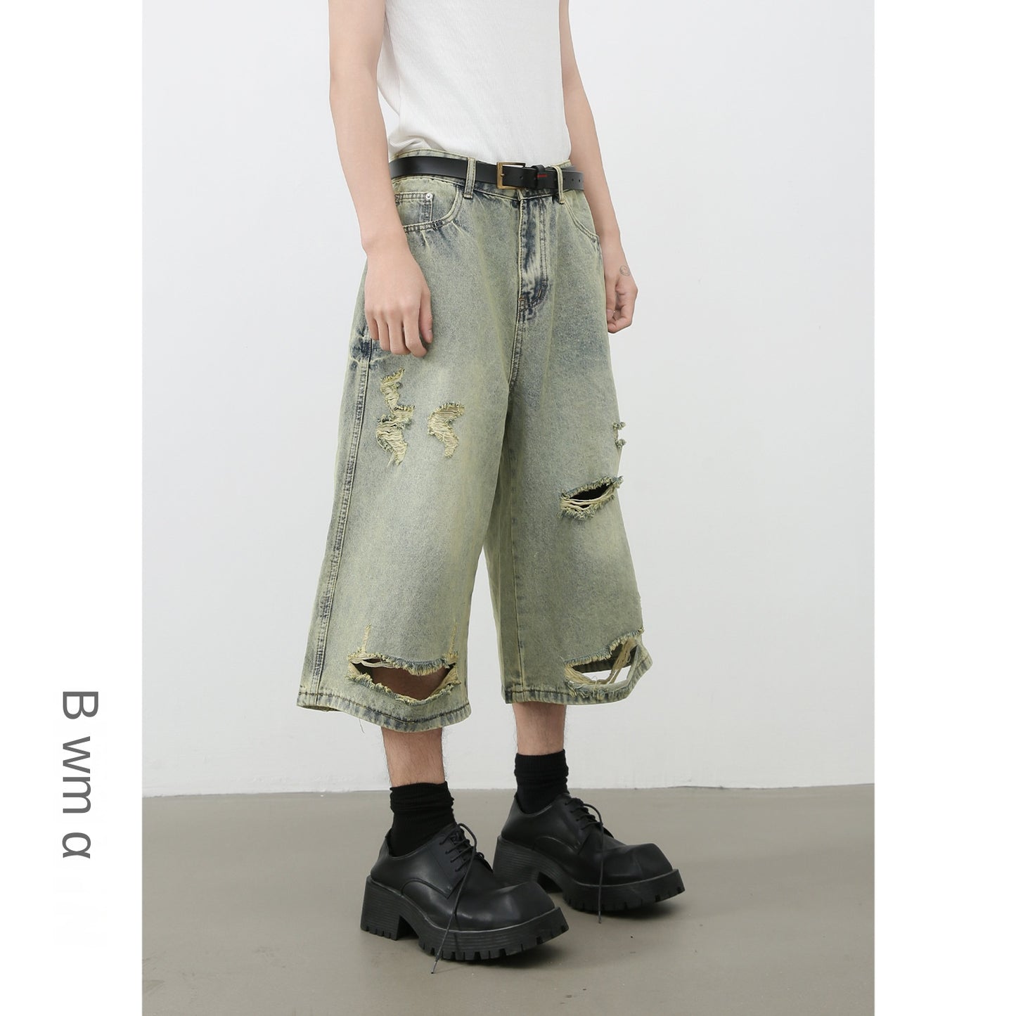 Retro Distressed Denim Shorts for Men | Loose Fit Straight Leg Capri Pants