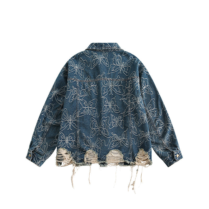 Butterfly Jacquard Denim Jacket Unisex Loose Fringe Outerwear