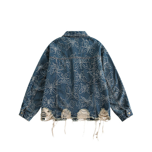 Butterfly Jacquard Denim Jacket Unisex Loose Fringe Outerwear