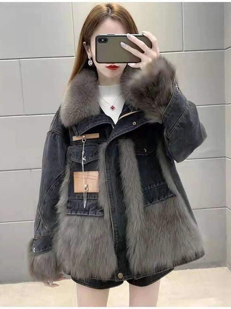Stylish Women's Faux Fur Jacket - Denim Coat with Long Sleeves and Loose Fit