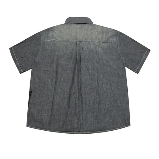 Washed Distressed Contrasting Spliced Loose Short Sleeve Denim Shirt