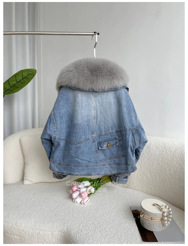 Women's Casual Denim Jacket with Fox Fur Collar