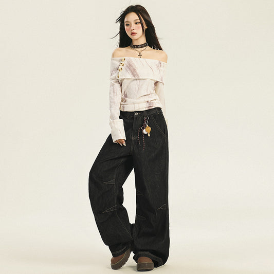Casual Loose Wide-Leg Jeans for Women - Striped Blue Denim
