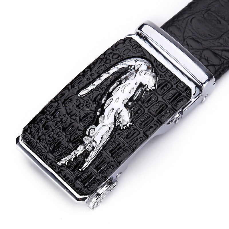 Men's Genuine Leather Belt with Automatic Buckle - Cowhide and Crocodile Pattern