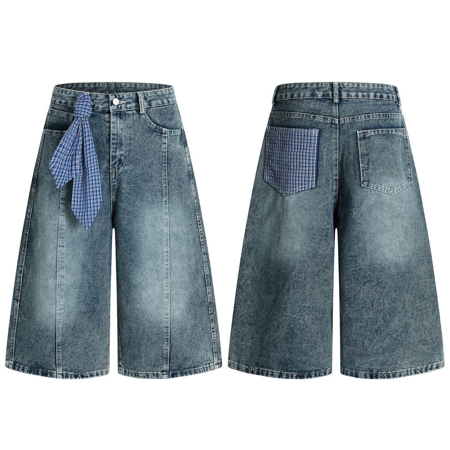 Retro Washed Ribbon Unique Design Seven-Quarter Denim Pants for Men