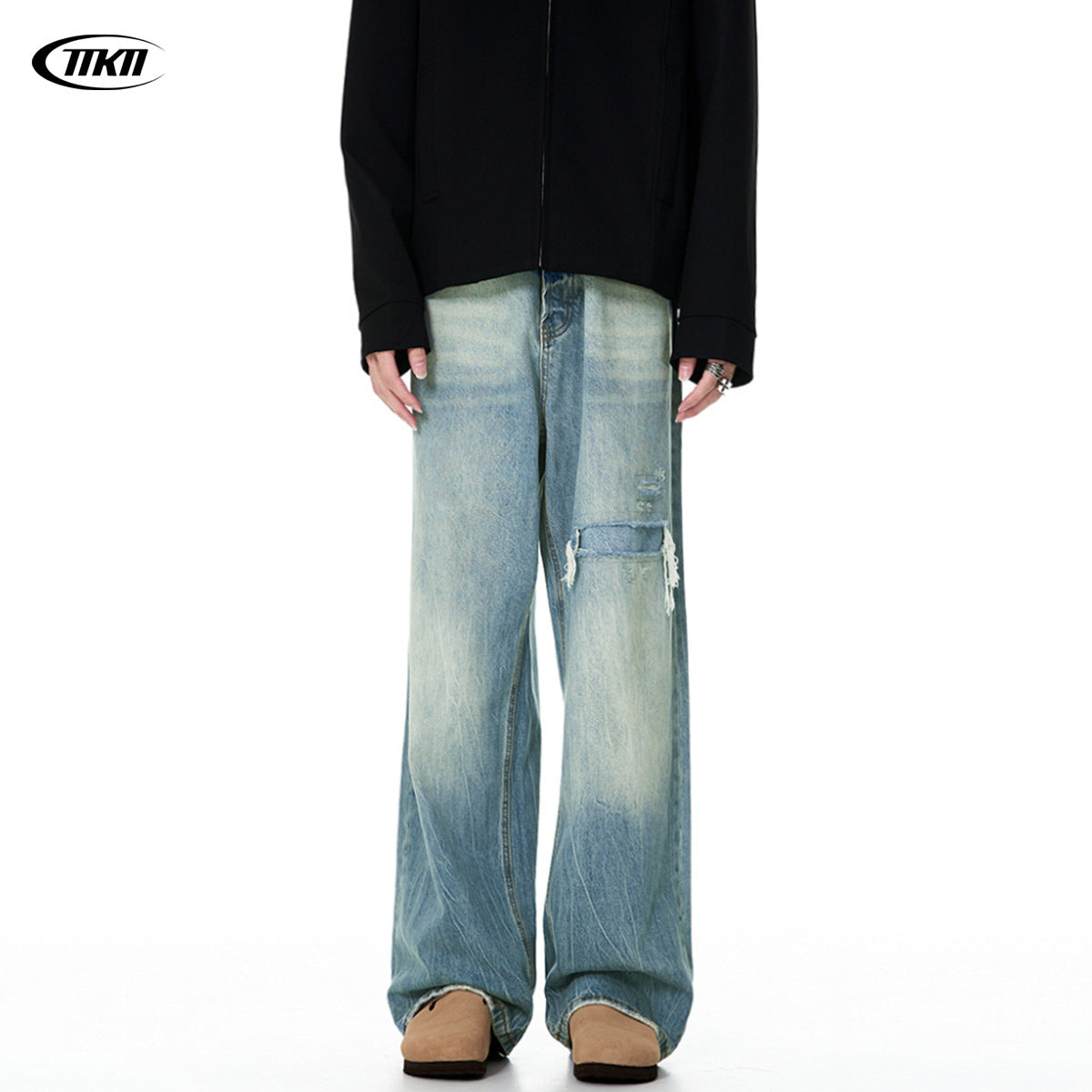 Blue Denim Pants for Men and Women - Knife-Cut Destruction, Water Washed, Wide-Leg Casual Trousers