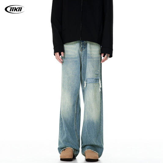 Blue Denim Pants for Men and Women - Knife-Cut Destruction, Water Washed, Wide-Leg Casual Trousers