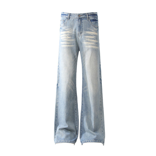 Mens Washed Denim Bell Bottom Jeans — Flared Mid Waist Zip Fly Streetwear