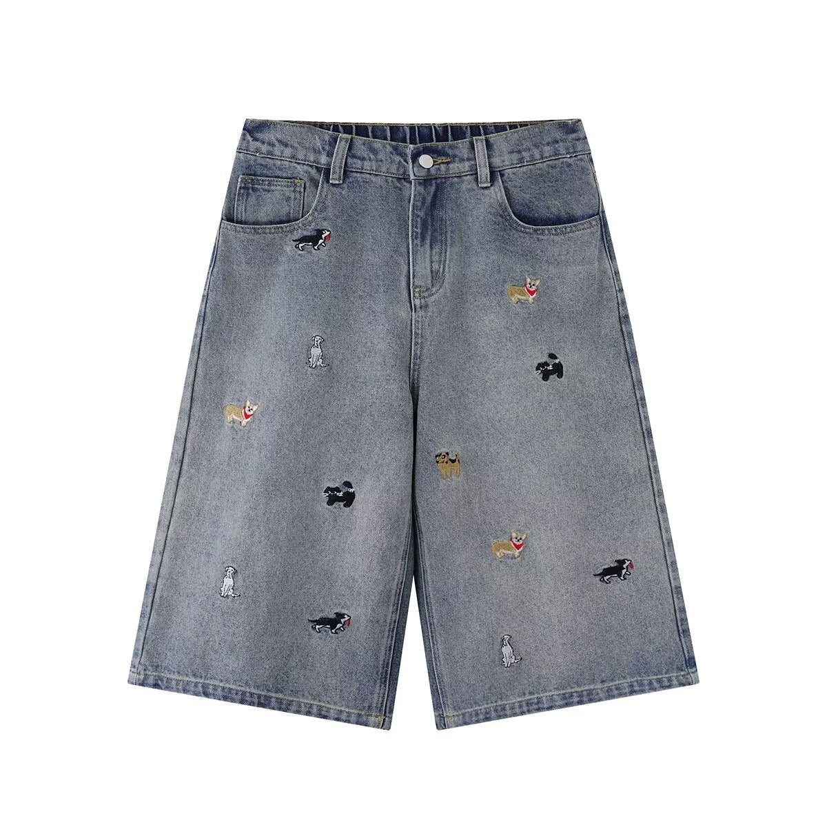 Cartoon Dog Embroidery Washed Five-Quarter Denim Shorts for Men and Women