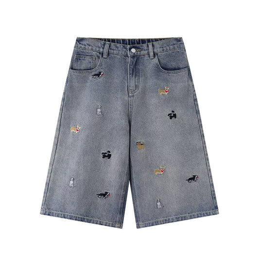 Cartoon Dog Embroidery Washed Five-Quarter Denim Shorts for Men and Women