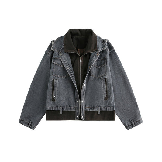 Streetwear Patchwork Faux Two-Piece Retro Loose Denim Jacket
