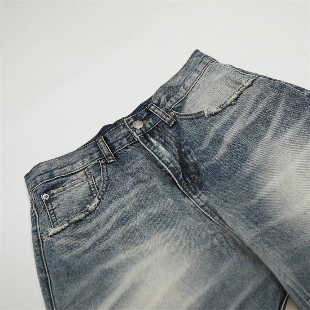Men's Jeans, Distressed Catwhisker Knife Cut, Casual Loose Fit,  and Versatile Men's Pants