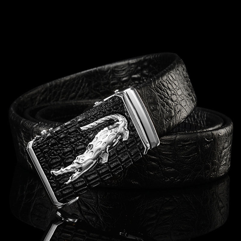 Men's Genuine Leather Belt with Automatic Buckle - Cowhide and Crocodile Pattern