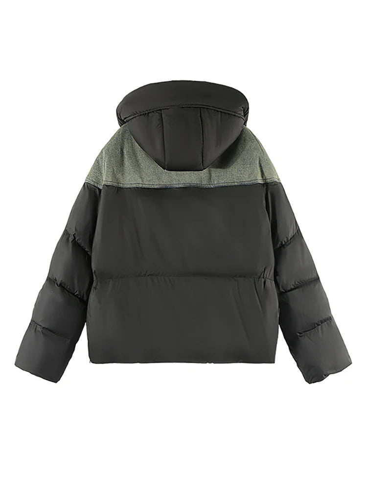 Women's Hooded Denim Coat with Patchwork Design and Button Closure