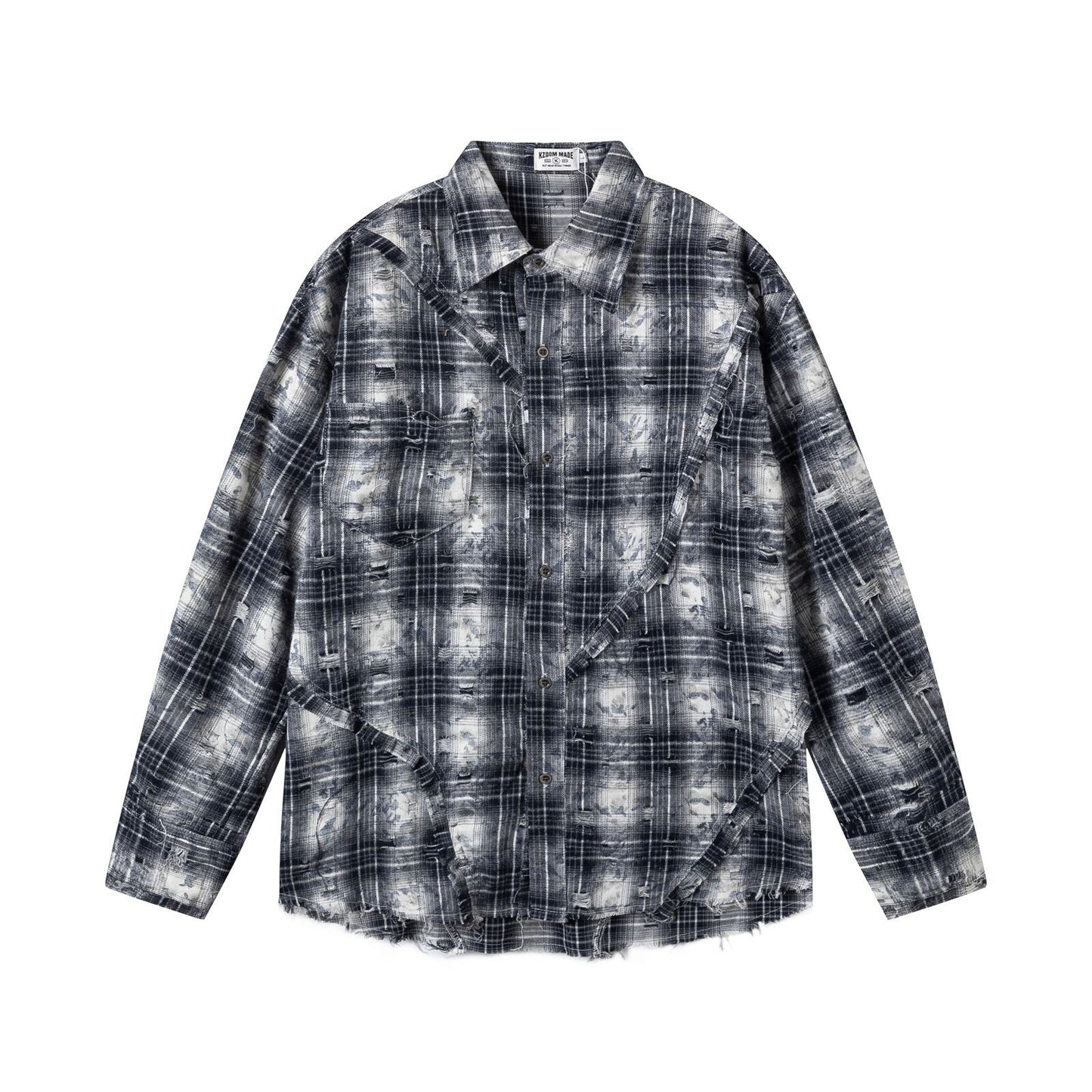 Retro Street Distressed Patchwork Plaid Long Sleeve Shirt for Men - Oversized Loose Casual Design Top
