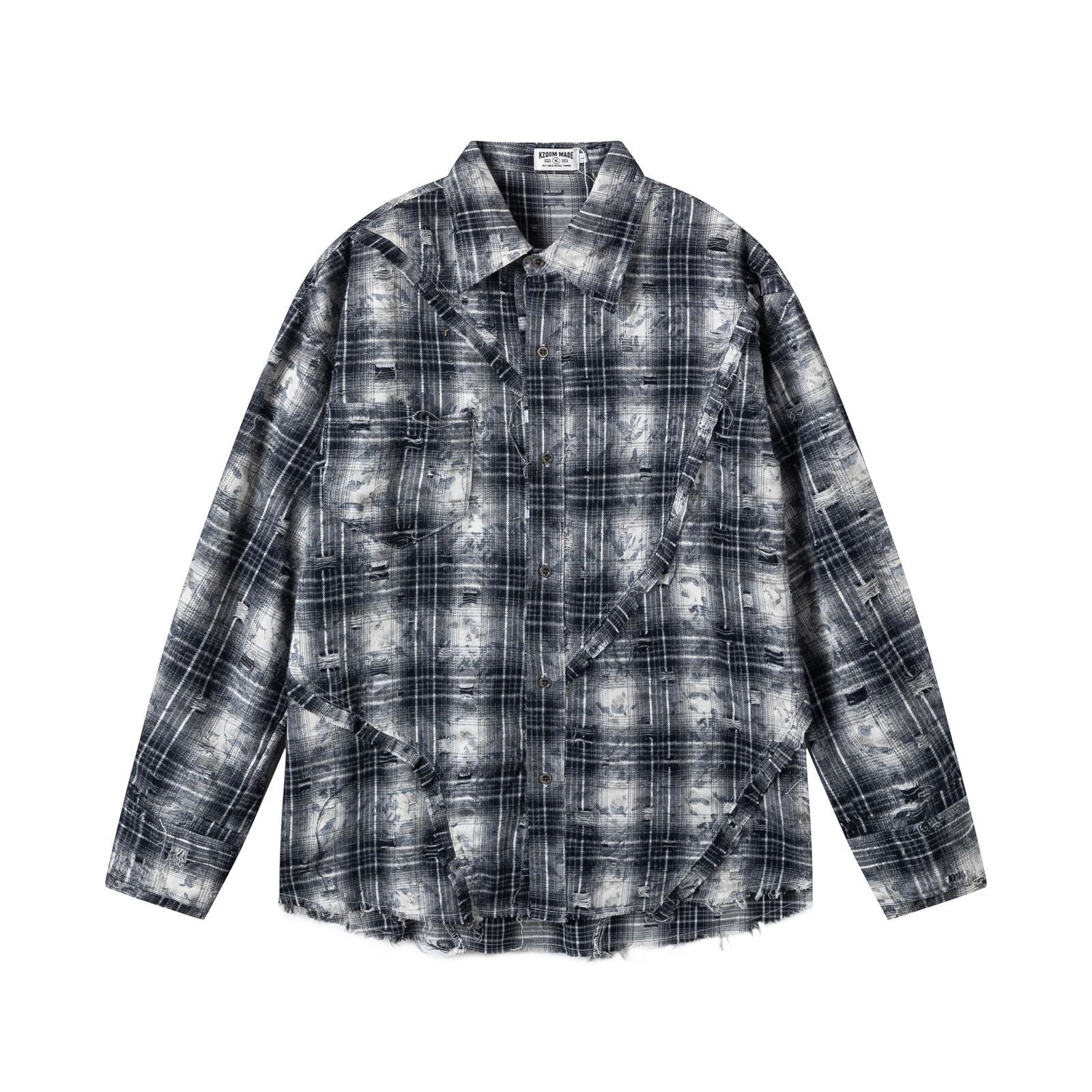 Retro Street Distressed Patchwork Plaid Long Sleeve Shirt for Men - Oversized Loose Casual Design Top