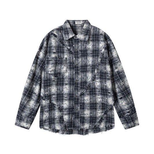 Retro Street Distressed Patchwork Plaid Long Sleeve Shirt for Men - Oversized Loose Casual Design Top