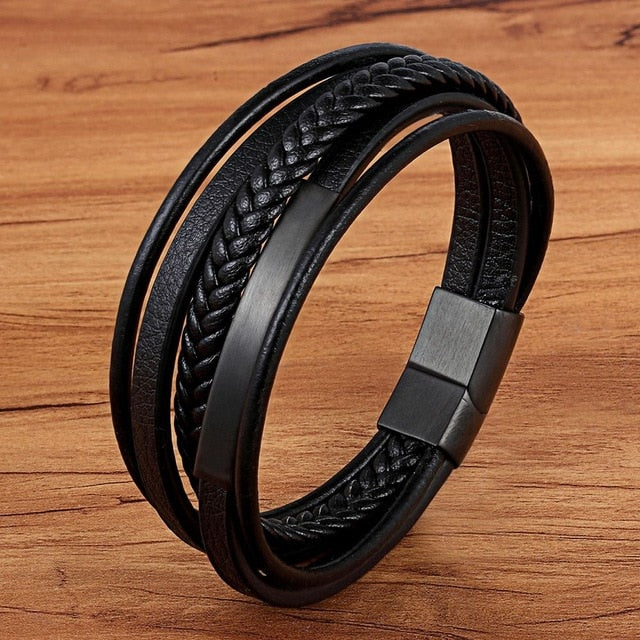 Genuine Leather Bracelet for Men - Handmade Multilayer Magnet Charm