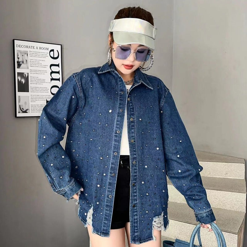 Heavy Industry Hot Diamond Denim Jacket for Women - Washed Retro Loose Top