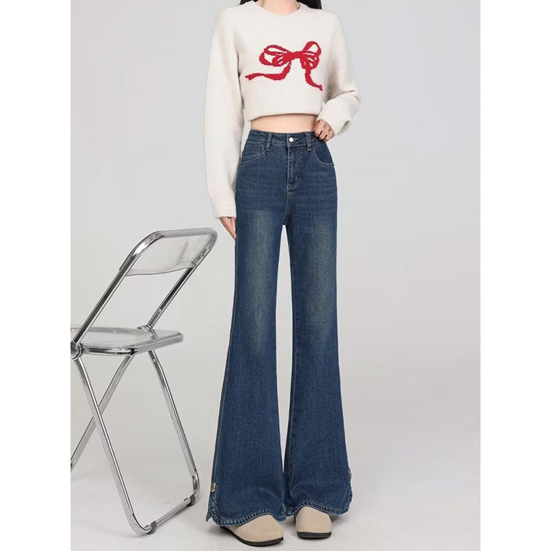 High Street Slit Flared Jeans for Women - High Waist Slim  Style Denim Pants