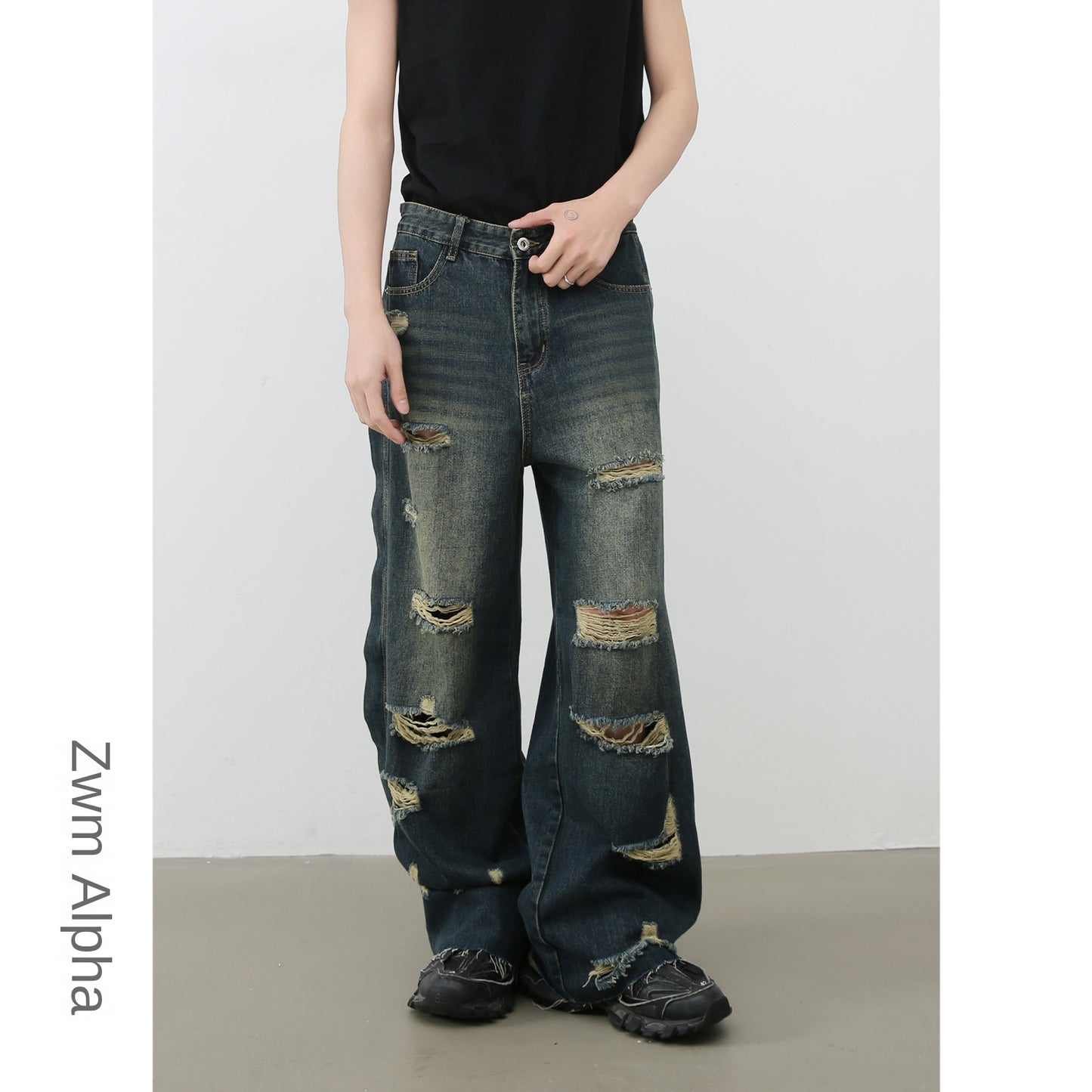 Denim Frayed Hem Washed Wide-Leg Jeans for Men