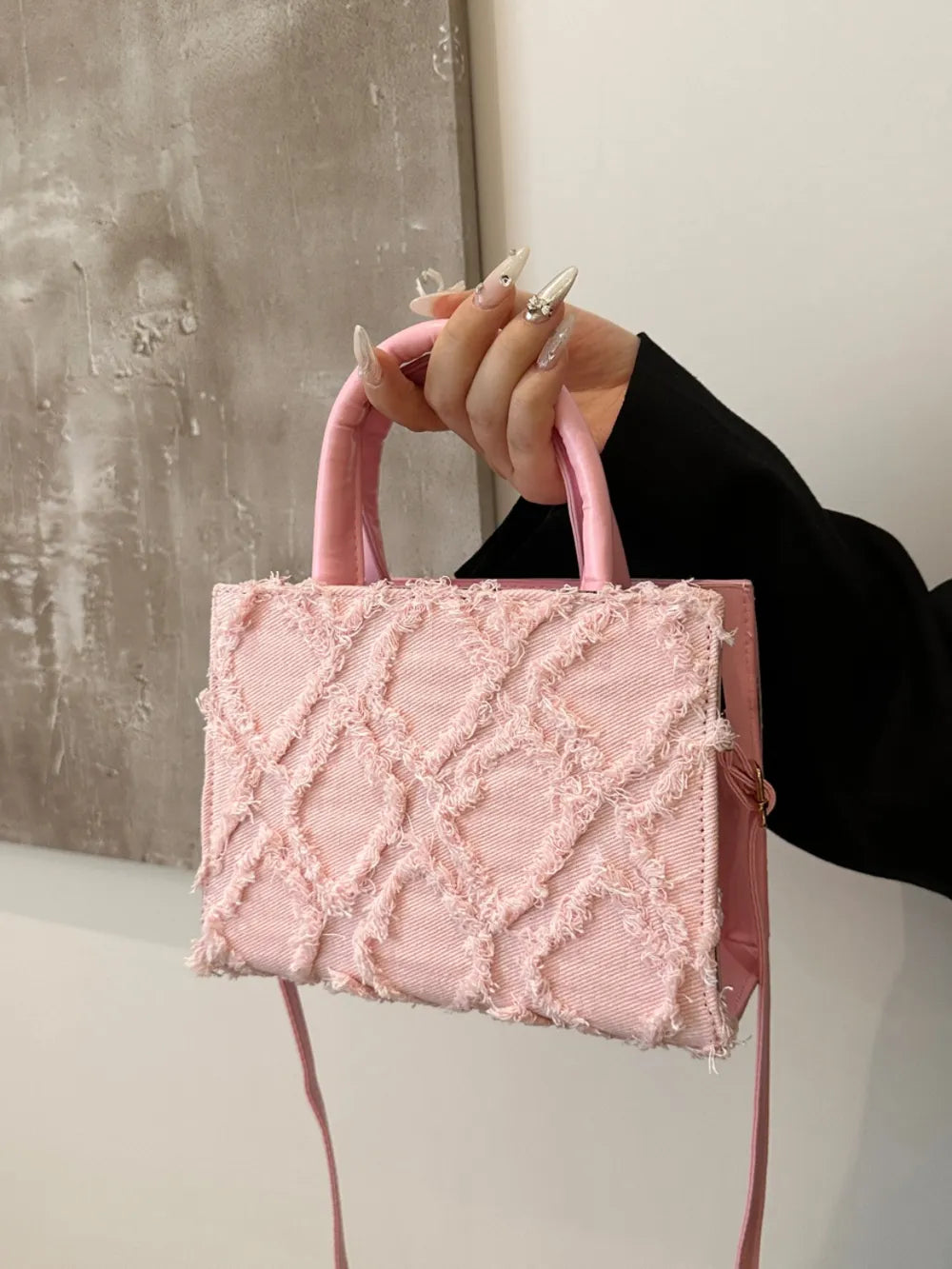 Quality Raw Hem Denim and PU Leather Handbag