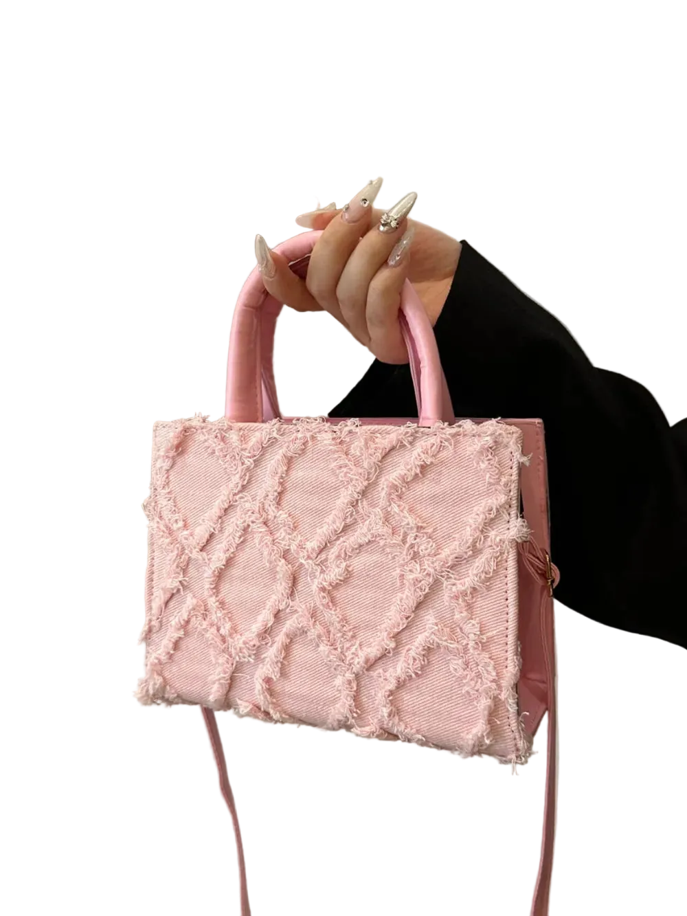 Quality Raw Hem Denim and PU Leather Handbag