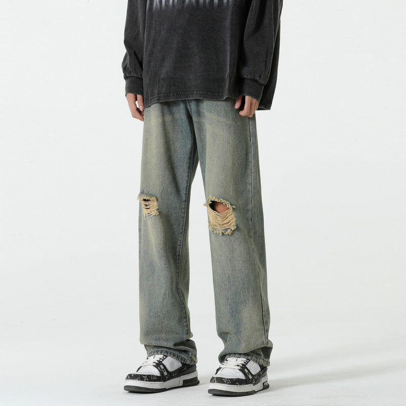 Hole-Designed Straight Leg Jeans for Men – Vintage Blue