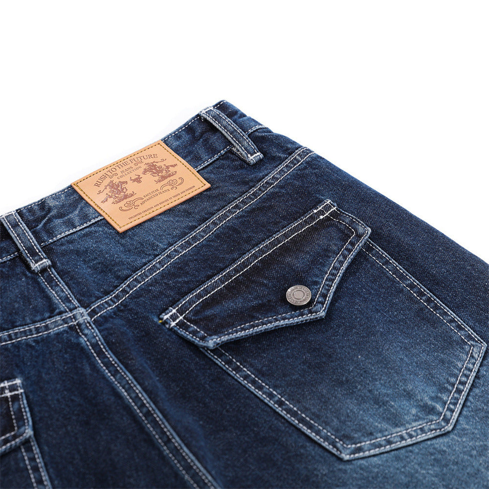 Washed Denim Bell Bottoms — Mid-Rise Flared Jeans with Zipper Fly (Black, Dark Blue)