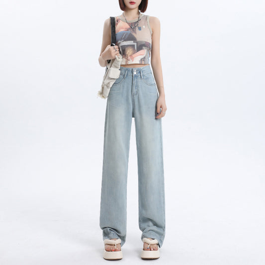 Women's Wide-Leg Jeans Summer Thin High-Waist Silk Straight Pants