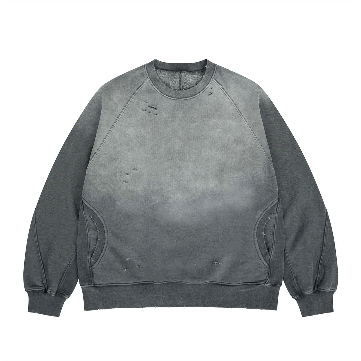 Distressed Patchwork Ripped Fleece Crewneck Sweatshirt