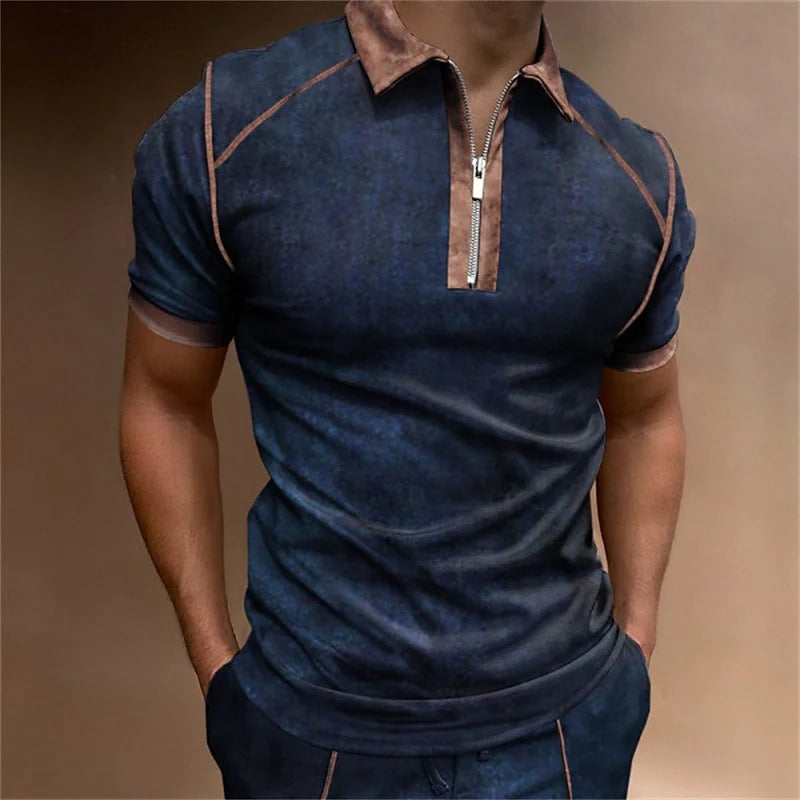 Men's Color Matching Short Sleeve Polo Shirt with Zipper