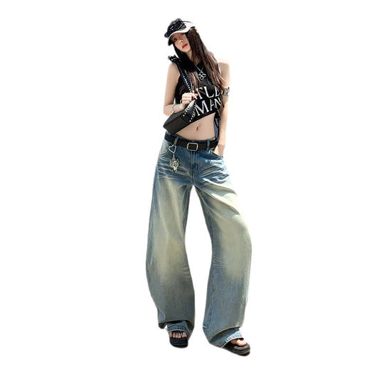 Washed Cat Whisker Denim Trousers for Women - Loose Low Waist Slim Fit Wide Leg Pants
