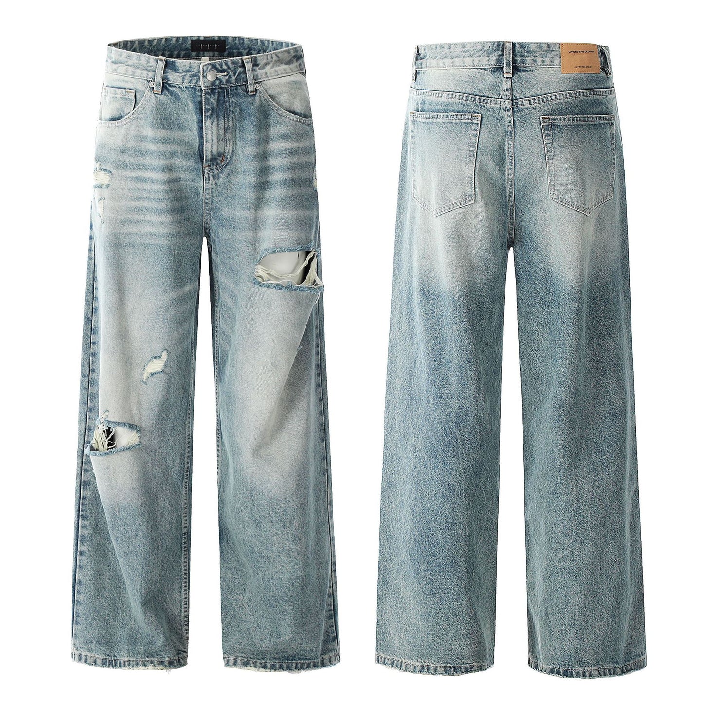 Blue Straight Hole Denim Pants for Men and Women - Loose Fit A-Line Wide Leg Casual Long Trousers
