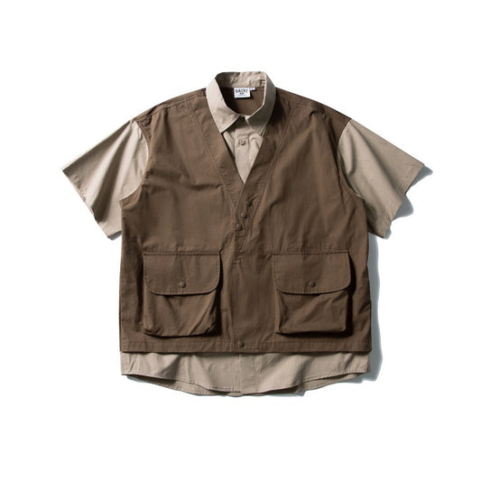 Retro Contrasting Color Splicing Fake Two-Piece Design Loose Workwear Shirt for Men