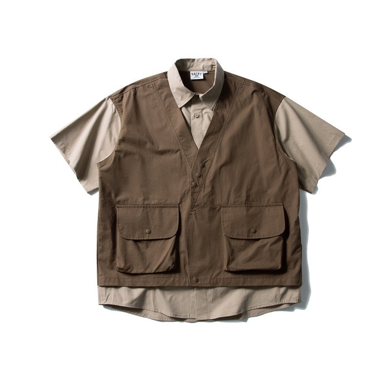 Retro Contrasting Color Splicing Fake Two-Piece Design Loose Workwear Shirt for Men