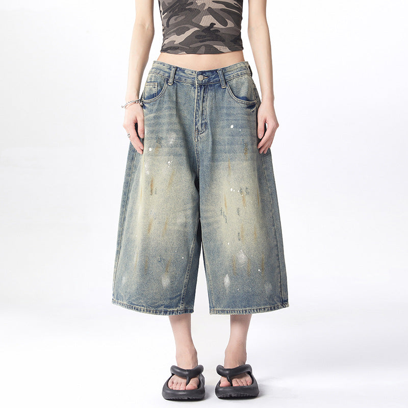 Splatter Washed Denim Pants for Women - Loose Casual Wide Leg Crop Pants